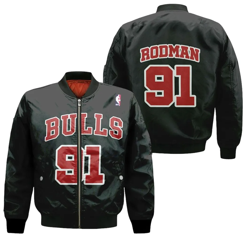 Chicago Bulls Dennis Rodman 91 Nba Great Player Throwback Black Jersey Style Gift For Bulls Fans 2 Bomber Jacket for Men Women