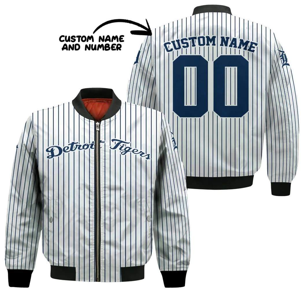 MLB Detroit Tigers Custom Name Number Uniform Stripes Bomber Jacket