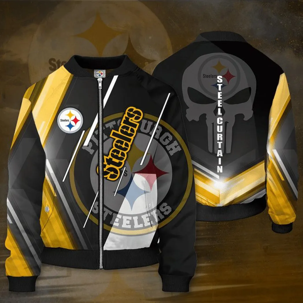 NFL Pittsburgh Steelers White Skull Golden Black Bomber Jacket