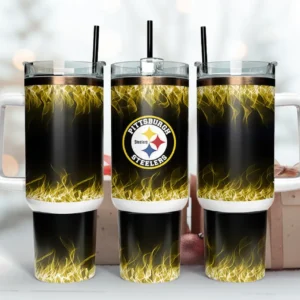 Pittsburgh Steelers NFL Fire Effect Custom Stanley Stainless Steel – Curved Tumbler – Stans Tumbler 40oz