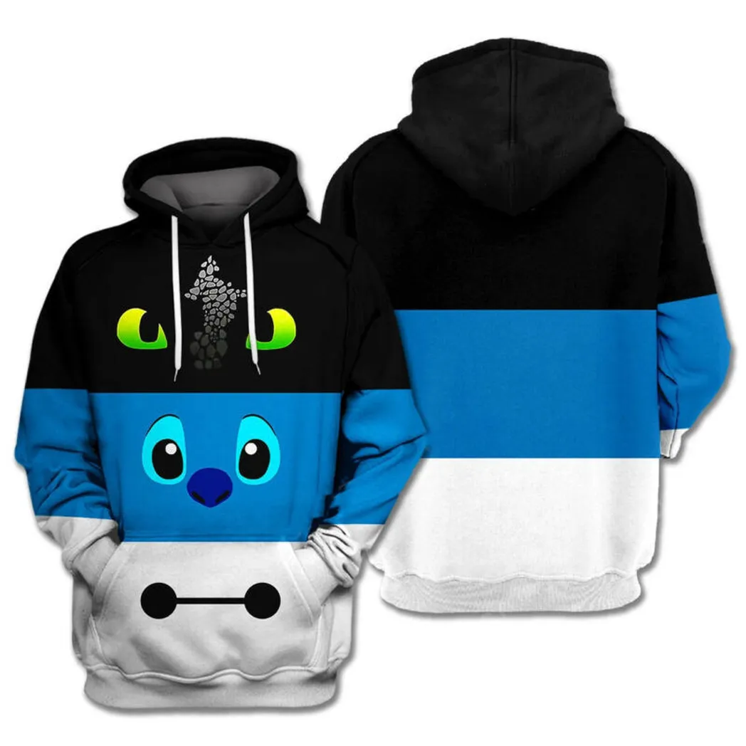 Stitch Baymax Toothless Cute Black White Blue 3d Hoodie Zip Hoodie