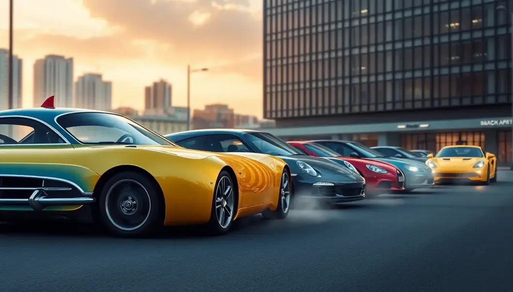 A timeline of car designs featuring iconic models against an urban backdrop.