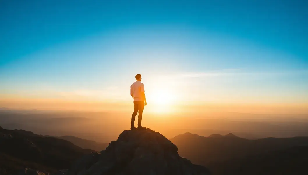 A person looking at a sunrise from a mountain peak, symbolizing the start of a new career journey.