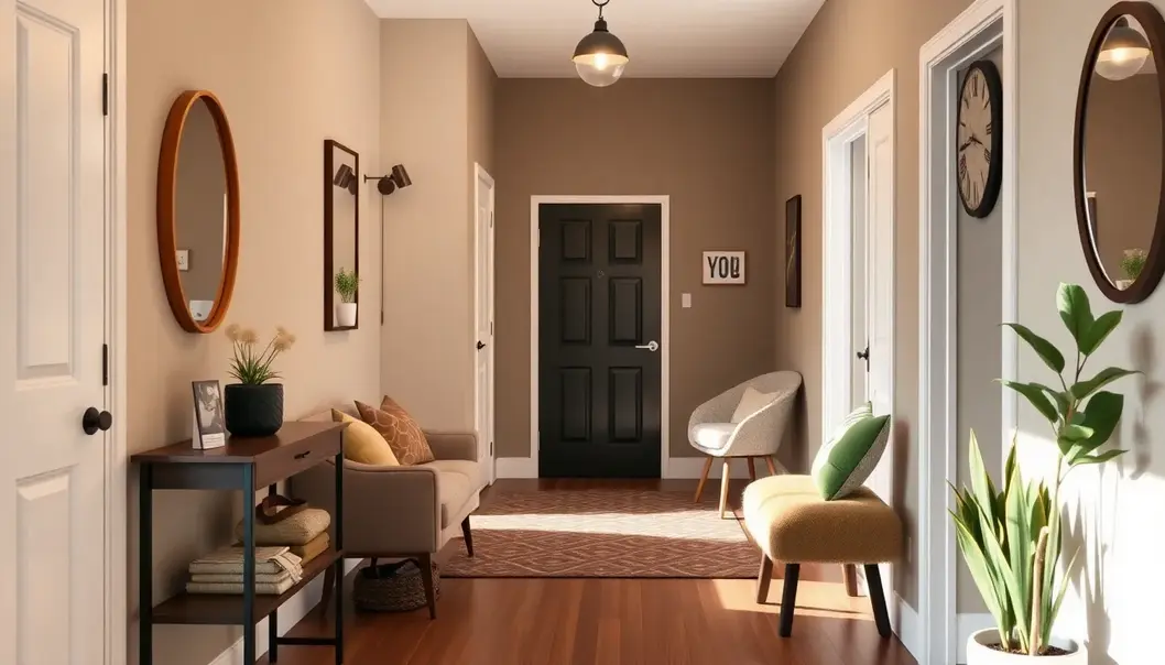 A cozy hallway with modern and classic decor elements.
