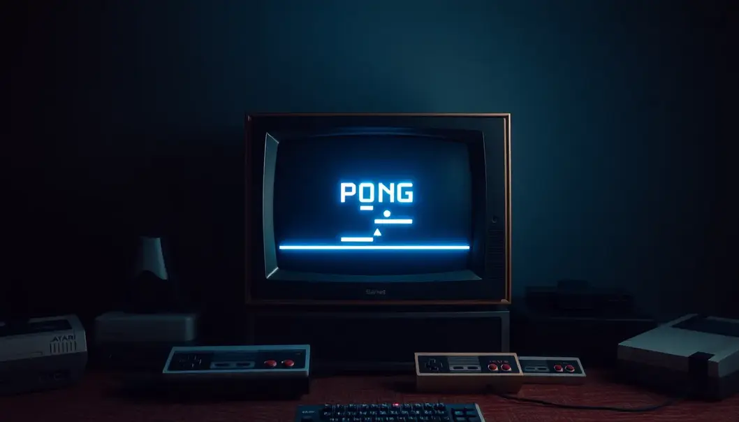 A classic television and retro game consoles, echoing the beginnings of video games.