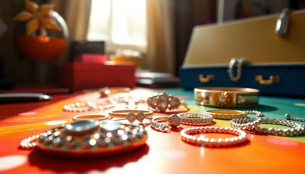 Various pieces of shiny jewelry on a desk with sunlight filtering over them.