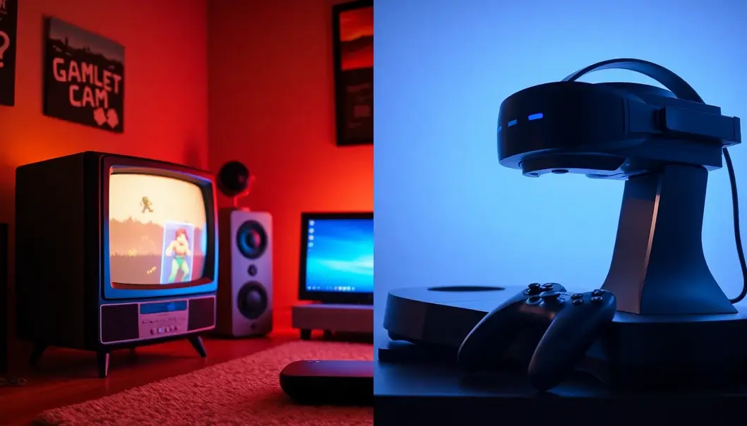 Split image of retro and modern gaming setups, showing the contrast between old and new video game technologies.