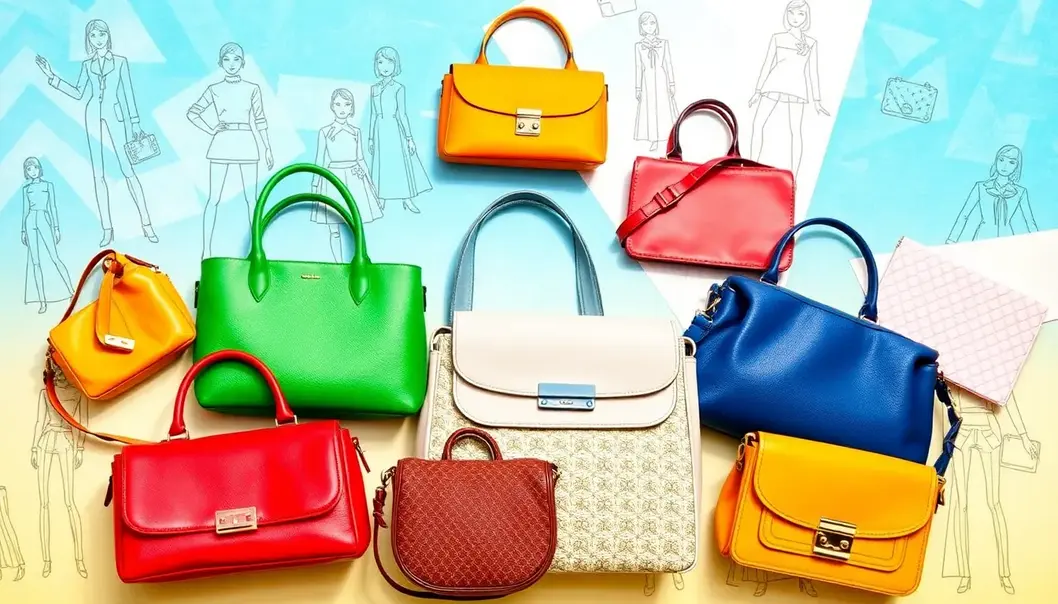 A collage of handbags from different eras against a vibrant fashion-themed background.