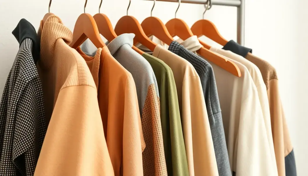 Clothes rack with sustainable fashion pieces featuring eco-friendly labels.