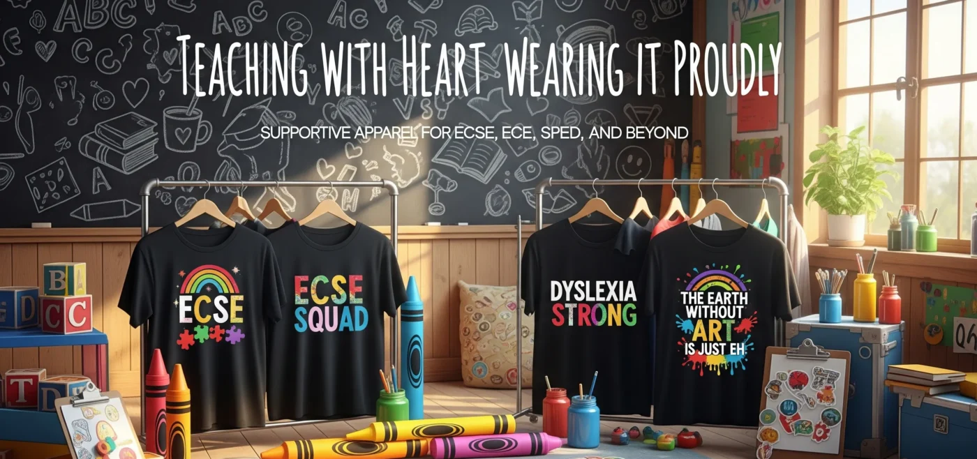 A wide website banner featuring a colorful, learning-inspired studio scene designed like a creative classroom. Instead of people modeling the shirts, black graphic t-shirts with bold, multicolor designs are showcased on a stylish clothing rack, surrounded by playful classroom props — alphabet blocks, oversized crayons, paint jars, and sticker-covered clipboards.