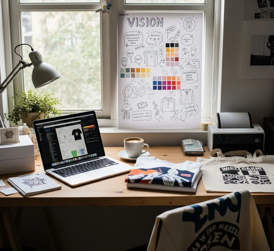 A cozy, behind-the-scenes snapshot showing a small home studio setup. A simple wooden desk holds a laptop with open design files, a hot cup of coffee, and a few folded graphic t-shirts stacked neatly beside printed tote bags.