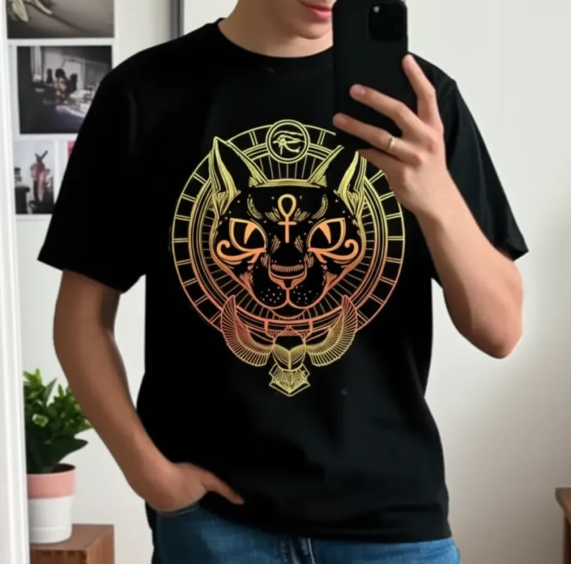 young adult customer wearing this shirt. The scene should feel authentic and relatable — the person is taking a mirror selfie in a minimal bedroom or casual studio.