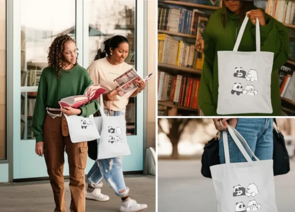 Show fans using the tote in daily settings — walking through a local bookstore, browsing at a farmers market, sitting on a park bench, or leaving an art studio.